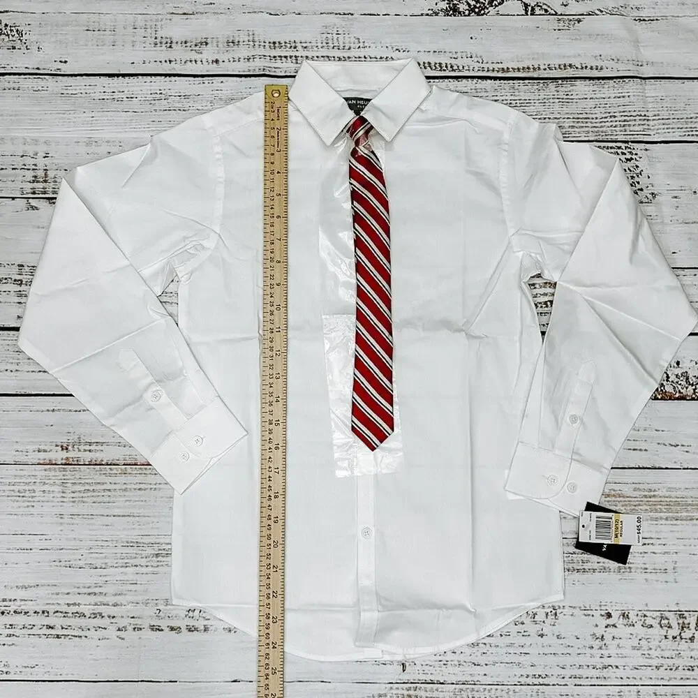 Van Heusen Flex Boys Shirt Snap On Tie M 10/12 White Red NWT $45